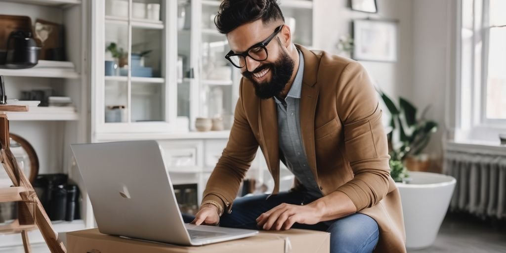 entrepreneur setting up online store on laptop