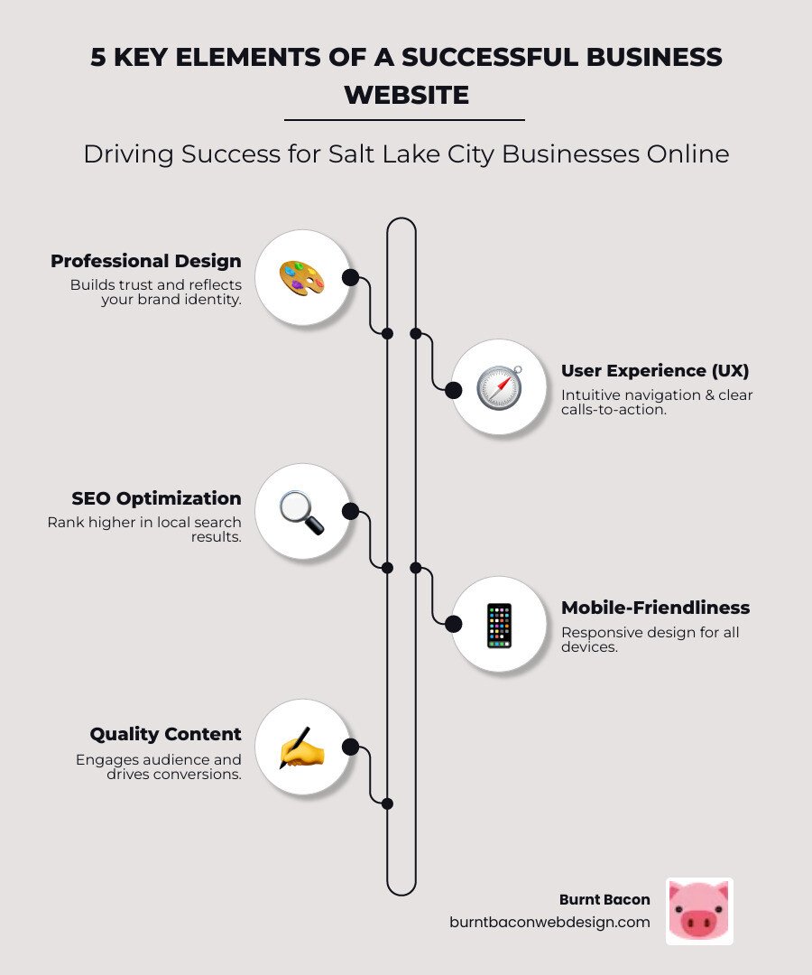 Infographic showing the 5 key elements of a successful business website: 1) Professional Design that builds trust and reflects your brand, 2) User Experience (UX) with intuitive navigation and clear calls-to-action, 3) SEO Optimization to rank in local search results, 4) Mobile-Friendliness with responsive design for all devices, and 5) Quality Content that speaks to your audience and drives conversions - website design slc infographic infographic-line-5-steps-elegant_beige